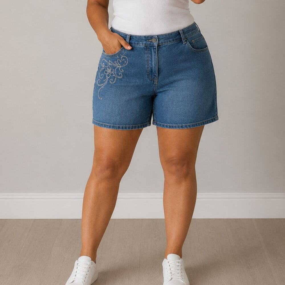 Gloria Vanderbilt 🌿Women’s Plus Denim Shorts Size 24W Embroidered Stretch Blue